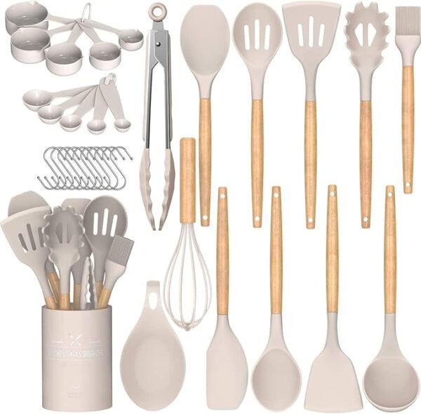 Umite Chef Kitchen Cooking Utensils Set, 33 pcs Non-Stick Silicone Cooking Kitchen Utensils Spatula Set with Holder, Wooden Handle Silicone Kitchen Gadgets Utensil Set (Khaki) (Copy)